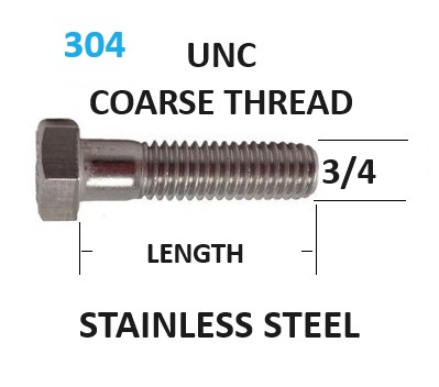 3/4 UNC Hex Bolts Stainless Steel Coarse Thread Select Length